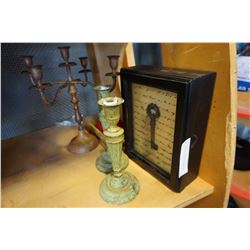 CANDELABRA, 2 CANDLE STICKS, AND KEY SHADOW BOX DRESSER BOX