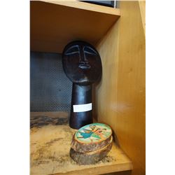 WOOD HEAD FIGURE AND 2 PAINTED WOOD PIECES