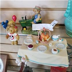 LOT OF 4 CHERISHED TEDDIES FIGURES DINING TABLE, JOHN DEERE, POOH BEAR, MICKEYMOUSE CLUB