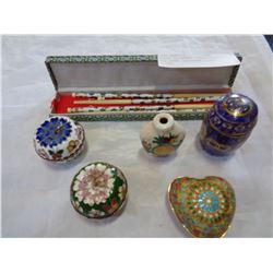 CASED CLOISONNE CHOPSTICKS AND OTHER CLOISONNE LIDDED DISHES