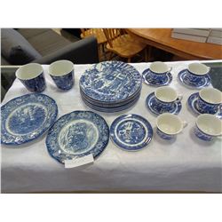 OLD WILLOW AND LIBERTY BLUE POTTERY DISHES AND CUPS - 24 PIECES TOTAL