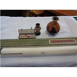 2 PIECES OF CLOISONNE, EASTERN EMBROIDERED SCROLL, AND LIQUOR JUG