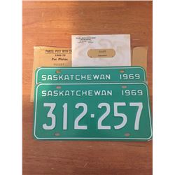 VERY RARE - Pair Of New/Old Stock 1969 Sask License Plates, Matching Numbers. In original packaging…