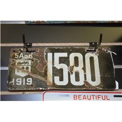 1919 Sask License Plate