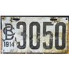 Image 1 : VERY RARE- 1914 BC Porcelain License Plate