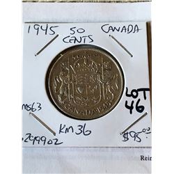 Rare Silver 1945 Canada 50 Cents MS63 High Grade