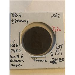 1862 Great Britain Half Penny Die 6 between date KM 748.2