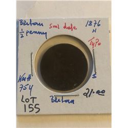 1876 H Great Britain Half Penny Small Date Type KM 754