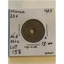 1925 France 25 Cents in Uncirculated Grade KM 867A