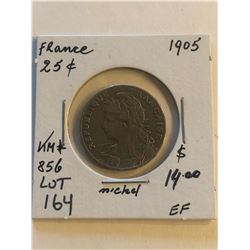 Nice Early 1905 France 25 Cents in Extra Fine High Grade KM 856