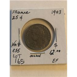 Nice Early 1903 France 25 Cents in Extra Fine High Grade KM 855