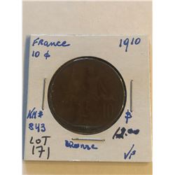 1910 France Large 10 Cents Very Fine Grade Coin KM 843