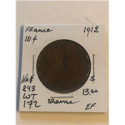 1912 France Large 10 Cents Extra Fine Grade Coin KM 843