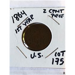 1864 1st Year US 2 Cent Piece Coin