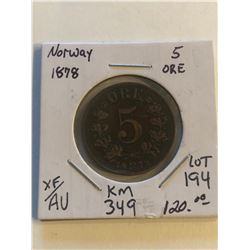 Rare 1878 Norway 5 Ore XF to AU High Grade KM 349