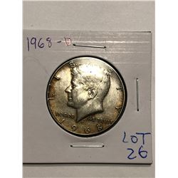 1968 D Silver Kennedy Half Dollar Toning Nice US Coin