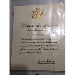 Rare Signed Ronald Reagan Awarded Certificate on US Paper