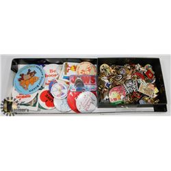 BOX OF LAPEL PINS AND VINTAGE PINBACK BUTTONS.