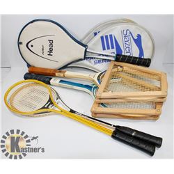 LOT OF 5 RACKETS, 2 SLAZENGER TENNIS RACKETS,