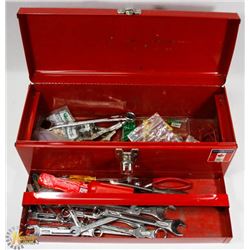 RED MASTERCRAFT TOOL BOX WITH ASSORTED TOOLS AND