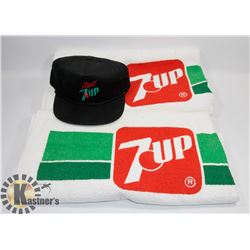 2 VINTAGE 7UP TOWELS AND 7UP BALL CAP.