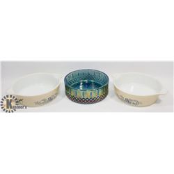 2PC PYREX AND A INDIANA BLUE CARNIVAL GLASS CANDY