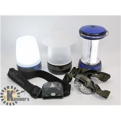 FLAT OF 3 EDDIE BAUER LANTERNS AND LED HEAD