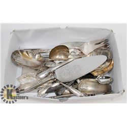 BOX OF ASSORTED SILVERWARE.