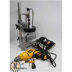 DRILL PRESS WITH DEWALT DRILL AND SABRE SAW.