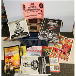 BOX OF BOXING POSTERS AND CHAMPIONSHIP BELTS.