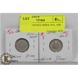 LOT OF 2 CANADA DIMES-1913, 1920