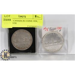 LOT OF 2 CANADA $1 COINS 1939, 1936, SILVER