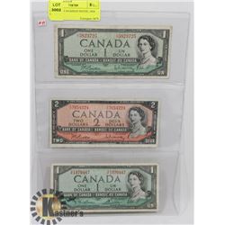 LOT OF 3 - CANADIAN NOTES, 1954 $1, 1954 $2