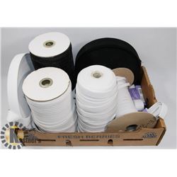 LARGE LOT OF ELASTIC SPOOLS AND SEWING SUPPLIES