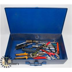 BLUE METAL BOX WITH CONTENTS OF VARIOUS HAND TOOLS