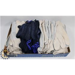 FLAT OF OVER 25 PAIR WORK GLOVES, INCLUDES LEATHER