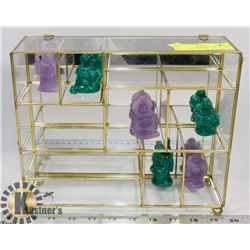 BRASS & GLASS DISPLAY WITH JADE LIKE BUDDA FIGURES