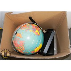 BOX WITH GLOBE, PAPER CUTTER, AND PAPER SHREDDER