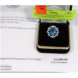 10K WHITE GOLD AND BLUE TOPAZ RING, COMES WITH