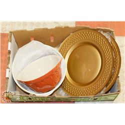 FLAT WITH 3 LARGE GOLD COLORED PLATES AND 2 HEAVY