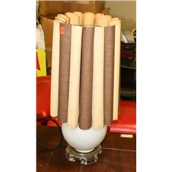 WHITE TABLE LAMP W/ 2 TONED BROWN SHADE.