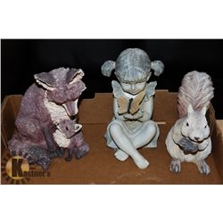 3 GARDEN ORNAMENTS-FOX, SQUIRREL & GIRL WITH
