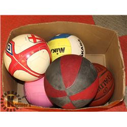 BOX W/ BALLS INCL SOCCER, FOOTBALL, BASKET BALL,