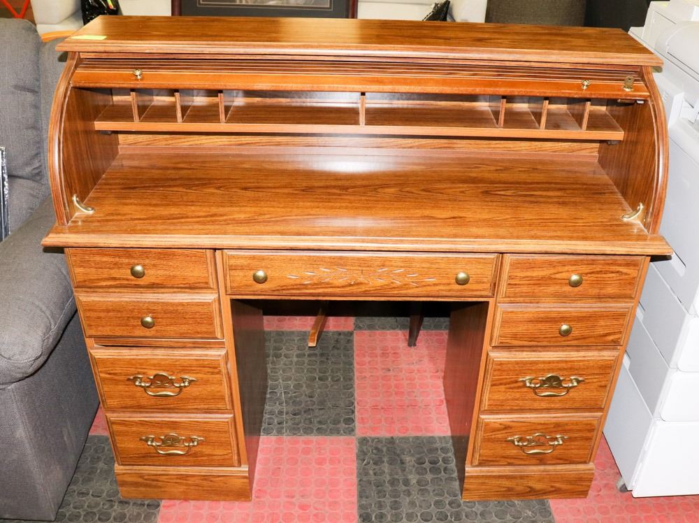 VINTAGE WOOD VENEER LOCKABLE ROLL TOP DESK,