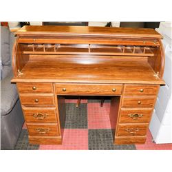 VINTAGE WOOD VENEER LOCKABLE ROLL TOP DESK,