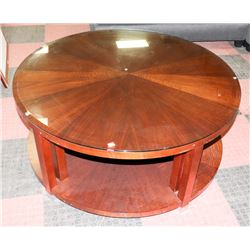ROUND WOOD COFFEE TABLE W/GLASS TOP