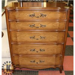 5 DRAWER FRENCH PROVINCIAL HIGH BOY DRESSER.