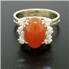 Image 1 : 14K Two Tone Gold Oval Carnelian Solitaire Ring w/ Round Diamond Accents