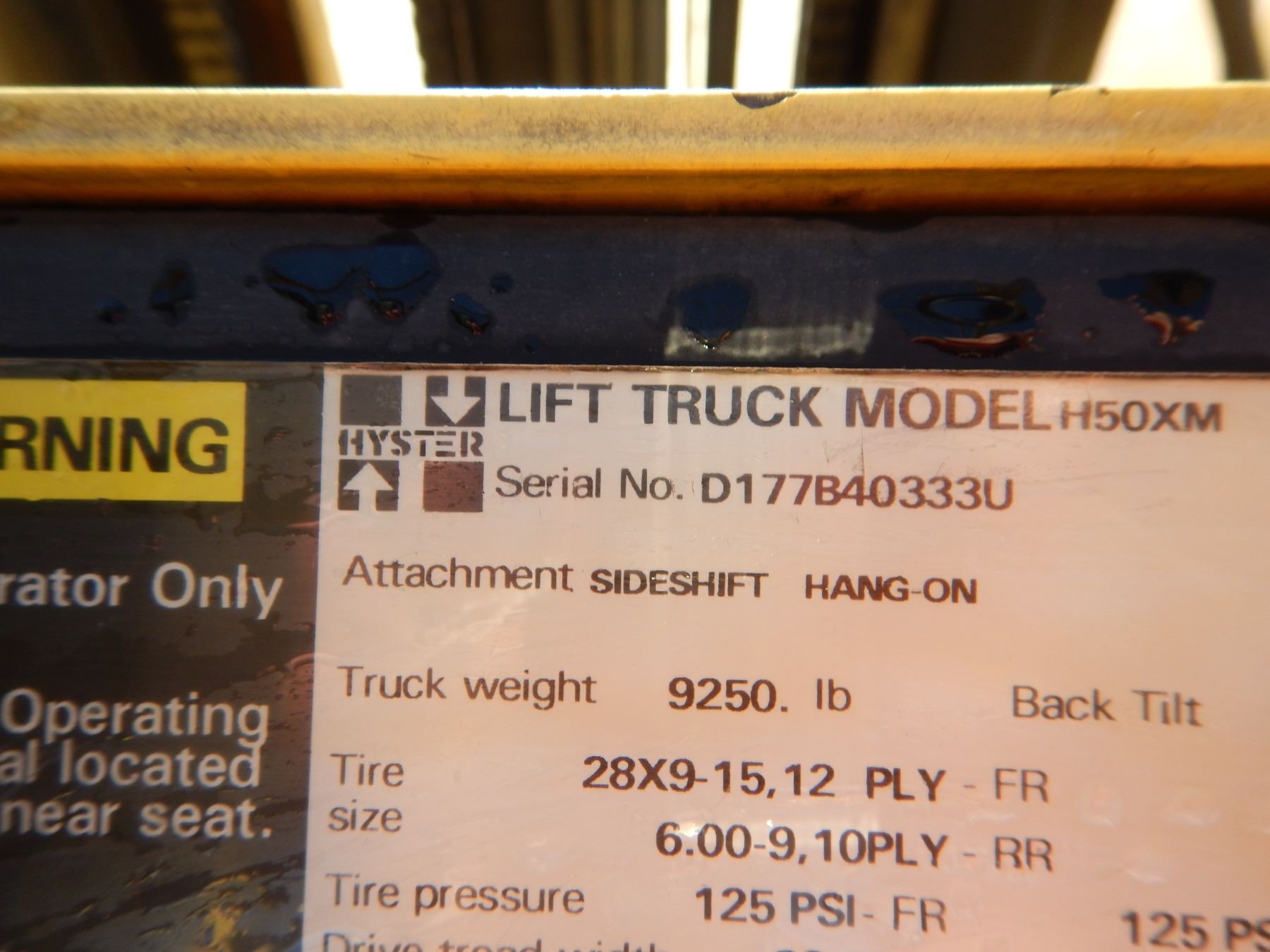 HYSTER H50XM FORKLIFT, VIN/SND177B40333U DIESEL ENGINE, 4,750LB CAP