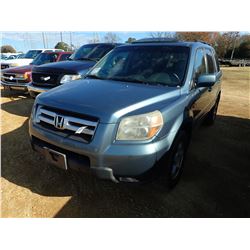 2007 HONDA PILOT VIN/SN:5FNYF285878042828 - GAS ENGINE, A/T, ODOMETER READING 242,728 MILES